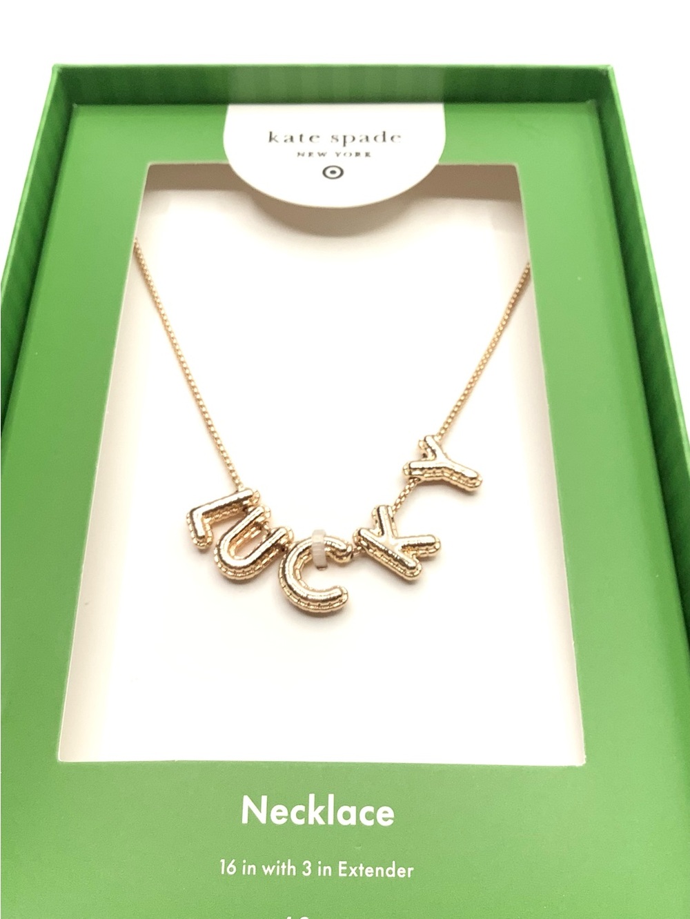 kate spade new “Lucky” Bubble Letter Chain Necklace in Gold tone - NWT